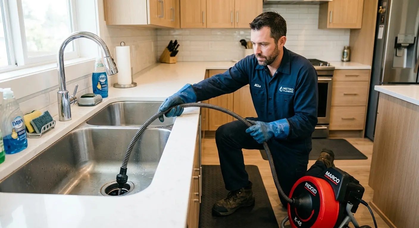 Drain cleaning technician using a motorized snake on a kitchen sink in Margate