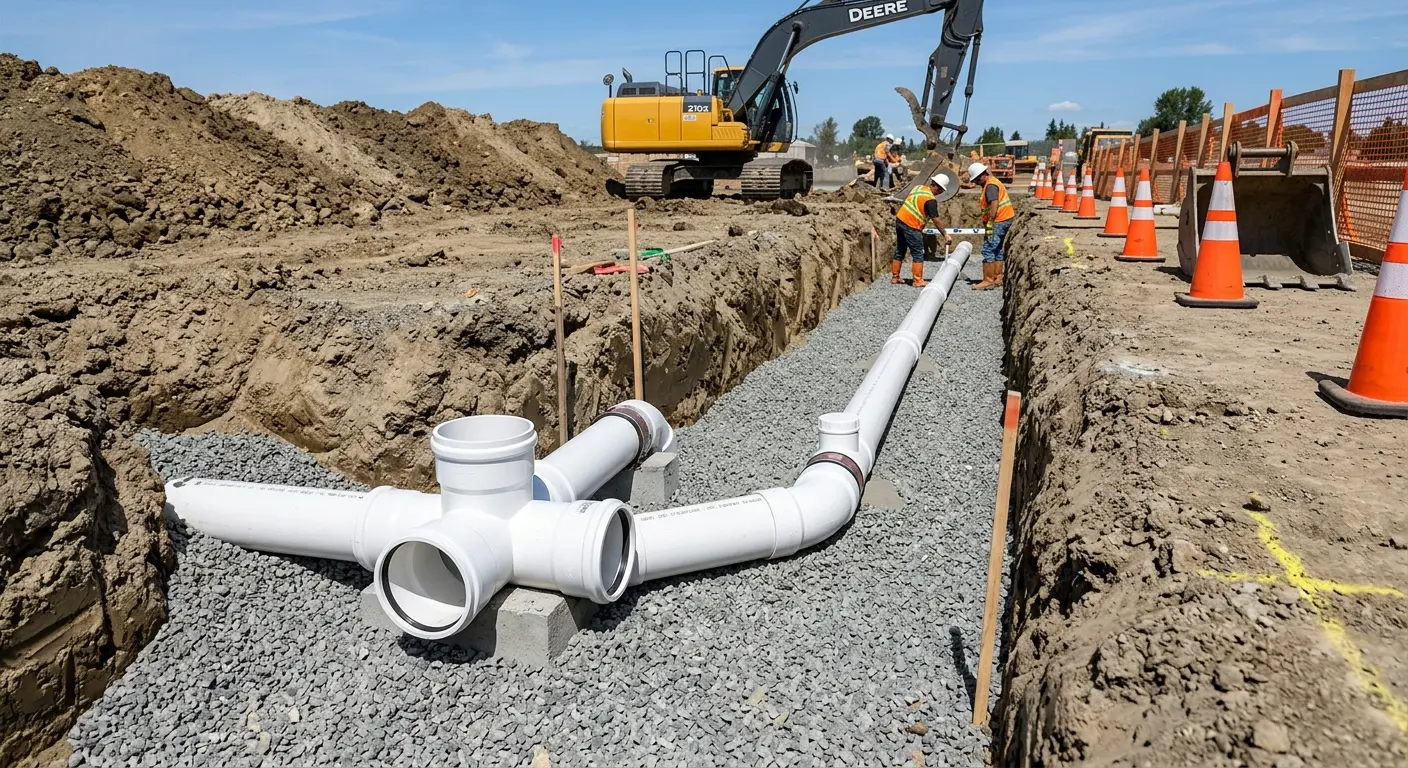 New PVC sewer pipe installation in open trench for Sewer Backup in Margate