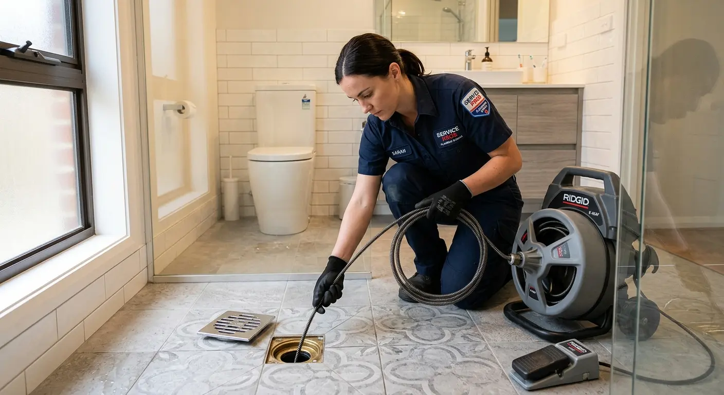 Technician clearing a bathroom floor drain for Drain Repair in Margate